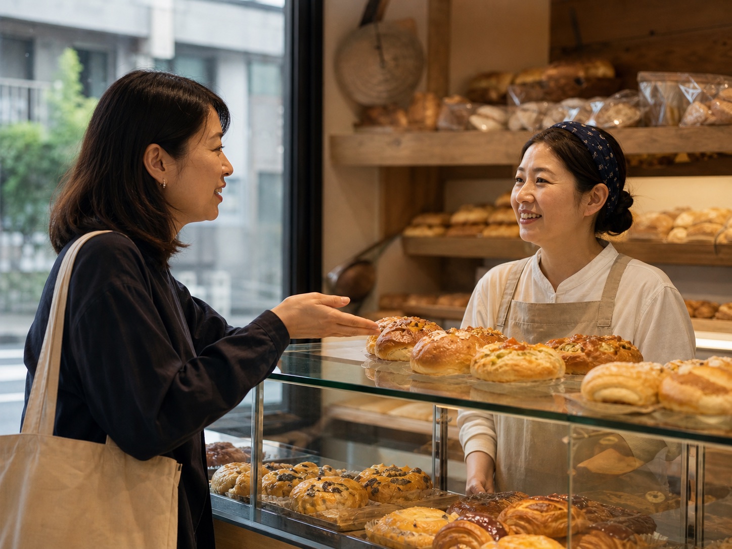 ベーカリーで店員と会話しながらパンを選ぶ女性