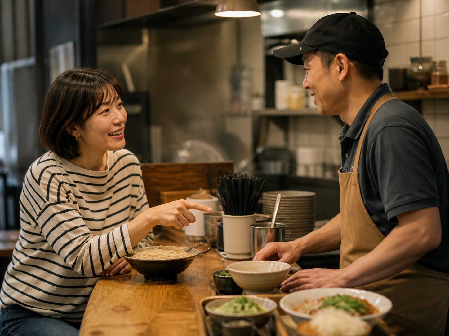 食堂で店員と料理について会話する女性