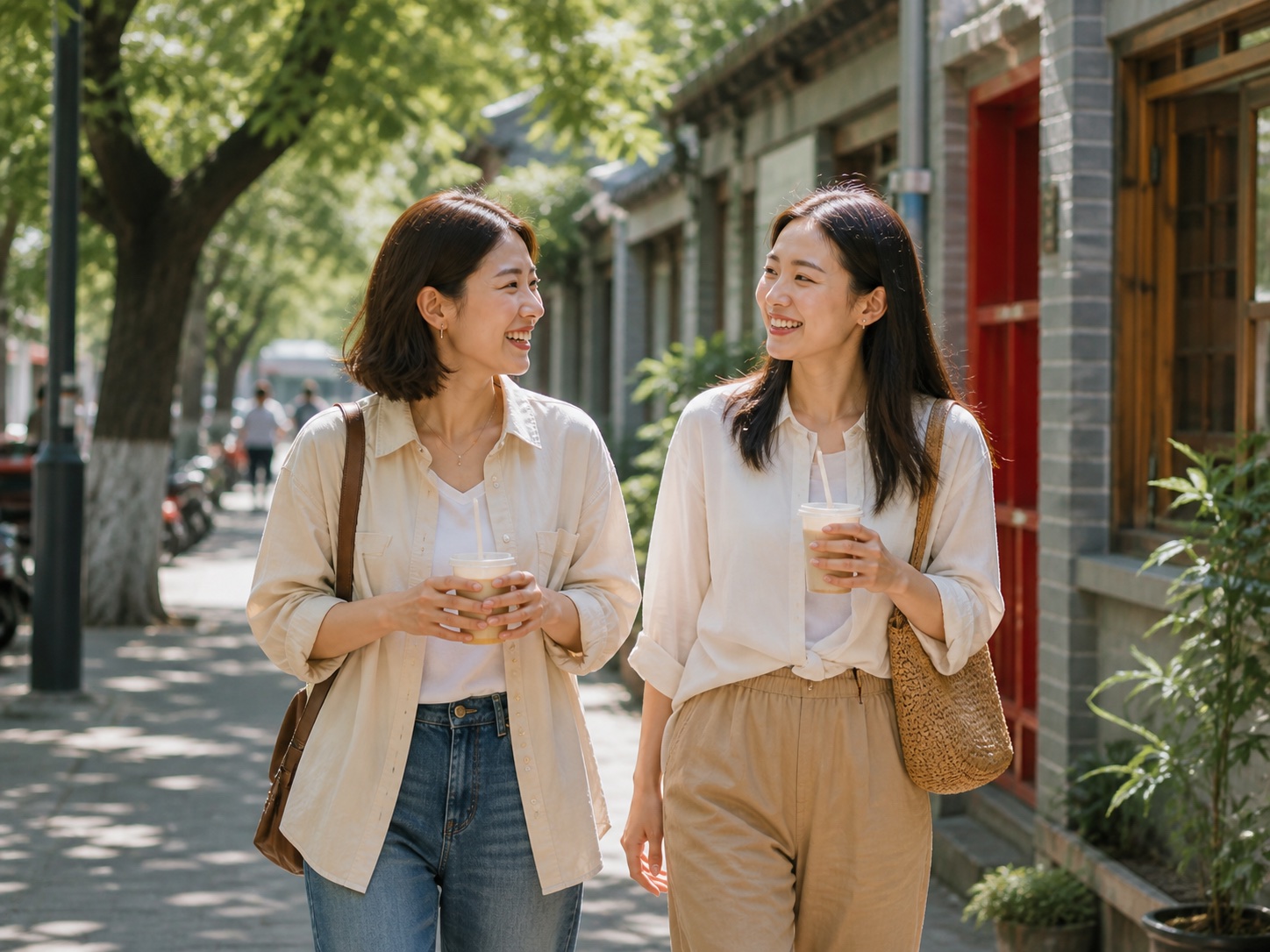 街を歩きながら中国語で会話を楽しむ友人同士